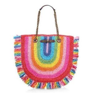 Kurt Geiger London Rainbow Raffia Fringe Straw Tote NWT Chain Strap Eagle Emblem